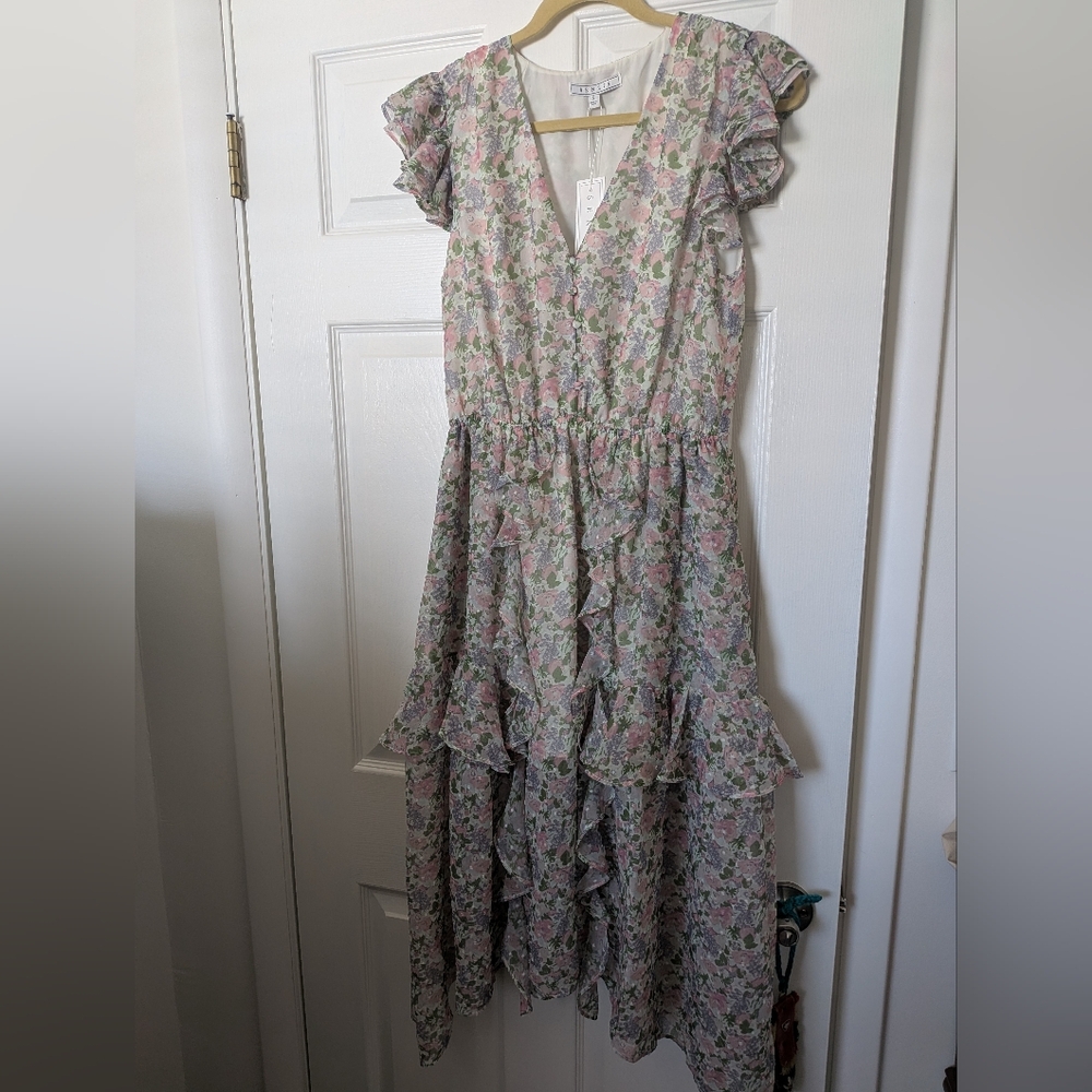 Senlis Elaine Ruffle Floral Midi Dress S NWT $238